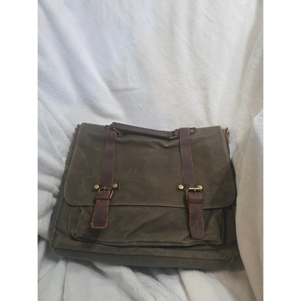 Waxed Canvas Messenger Bag Olive Green Leather Trim Laptop Satchel Briefcase